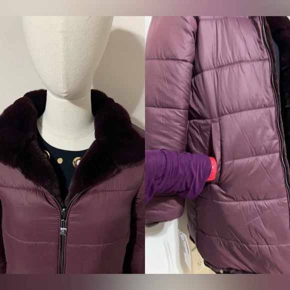 Via Spiga Reversible Plum Faux Fur / Puffer Coat - Picture 14 of 17